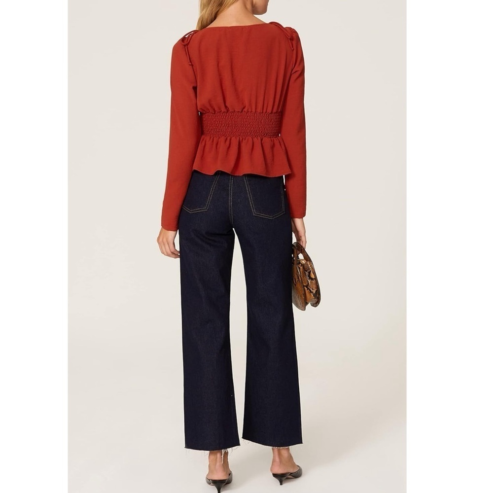 Louna Designer Blouse Red Orange Ruffle Hem Cinched Waist Long Sleeve Sz XS - Picture 3 of 9